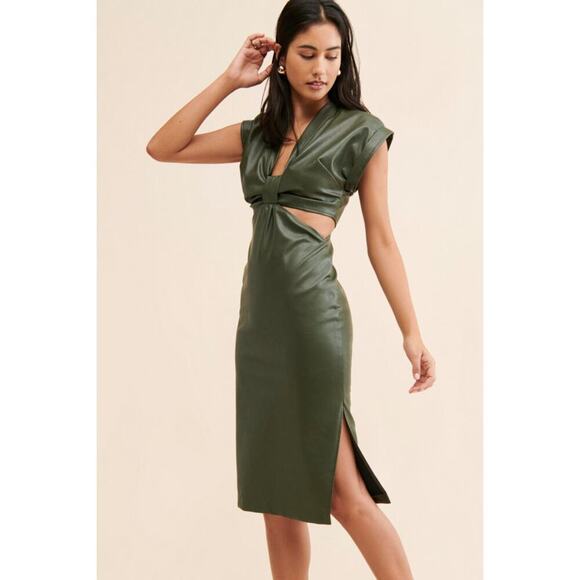 chinese dress ladies Olive Green Faux Leather Sleeveless Midi Dress main image 1